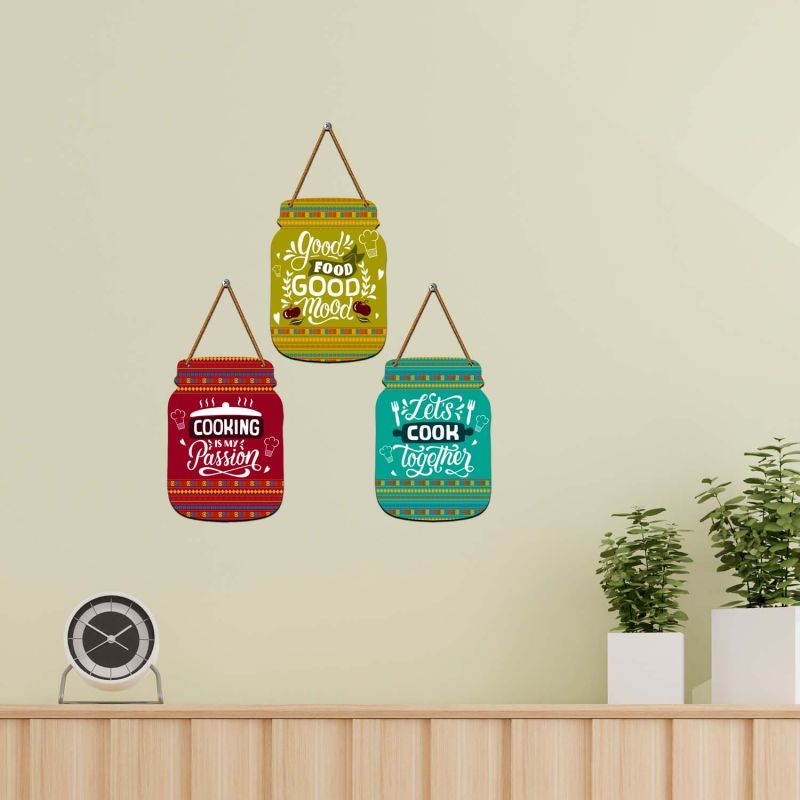 Mason Jar Shape Kitchen Wall Decor Set of 3 Wooden Hanging with Inspirational Quotes